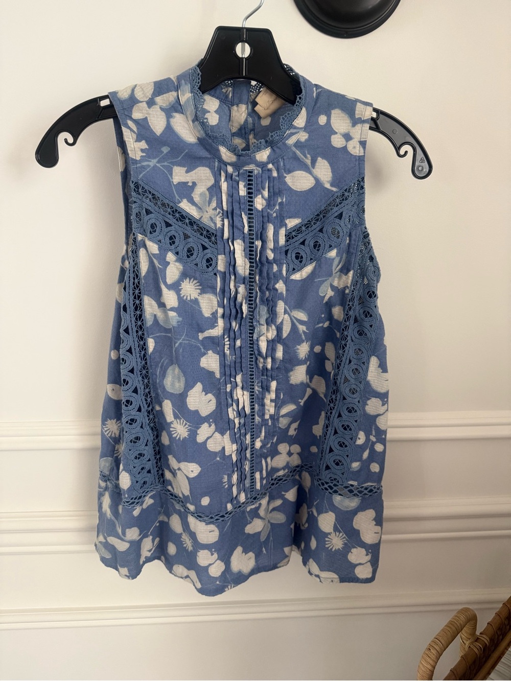 Anthropologie Blue and White Floral Lace-Trim Sleeveless Camisole